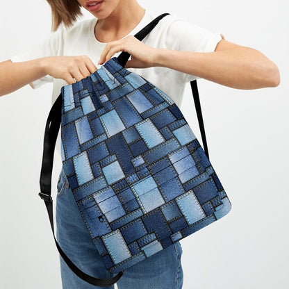 Blue Denim Patchwork Pattern Print Drawstring Backpack