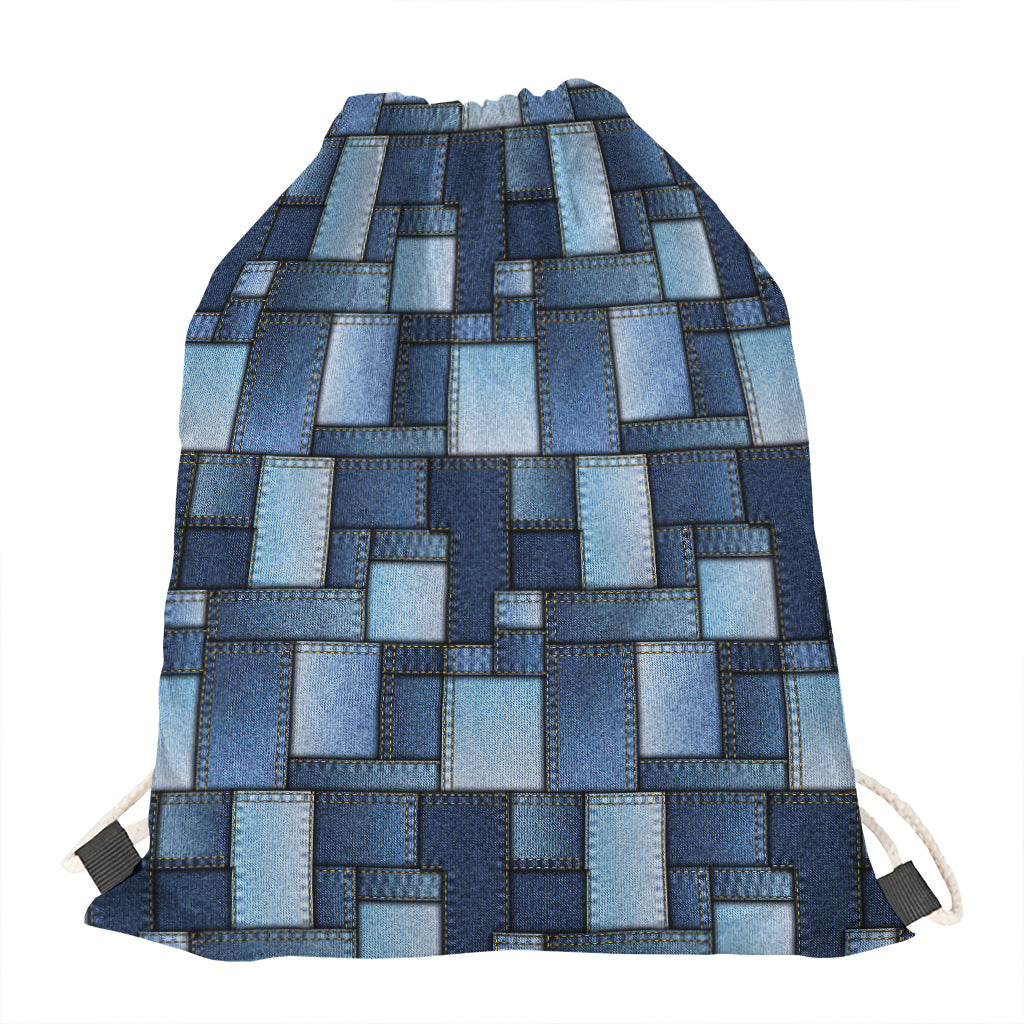Blue Denim Patchwork Pattern Print Drawstring Bag