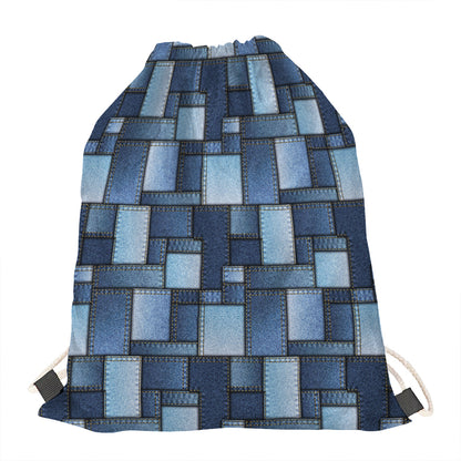 Blue Denim Patchwork Pattern Print Drawstring Bag