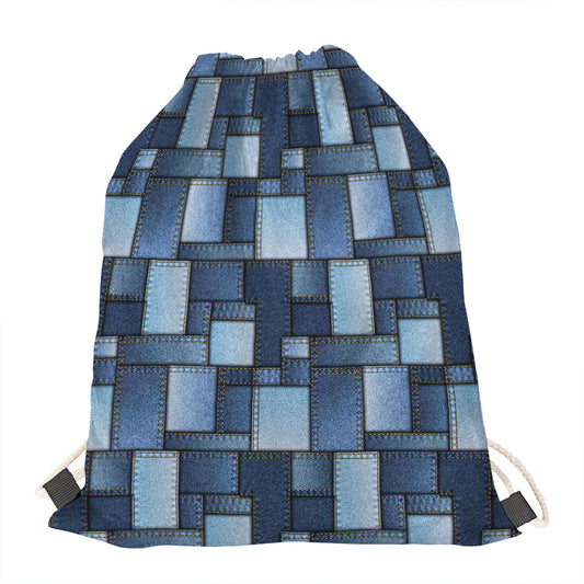 Blue Denim Patchwork Pattern Print Drawstring Bag