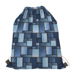 Blue Denim Patchwork Pattern Print Drawstring Bag