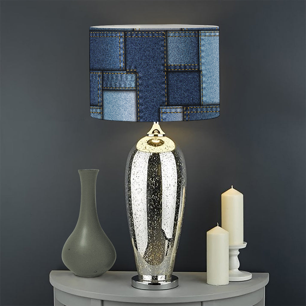 Blue Denim Patchwork Pattern Print Drum Lamp Shade