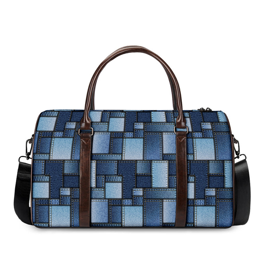 Blue Denim Patchwork Pattern Print Duffle Bag