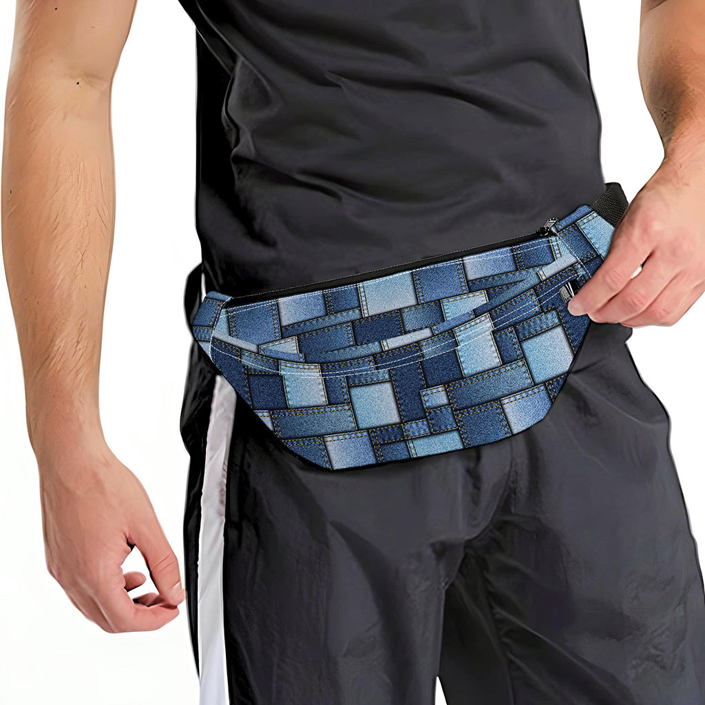 Blue Denim Patchwork Pattern Print Fanny Pack