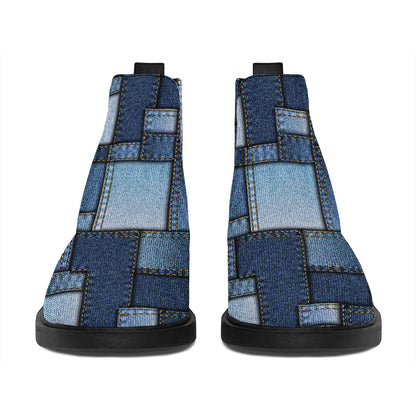 Blue Denim Patchwork Pattern Print Flat Ankle Boots