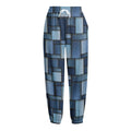 Blue Denim Patchwork Pattern Print Fleece Lined Knit Pants
