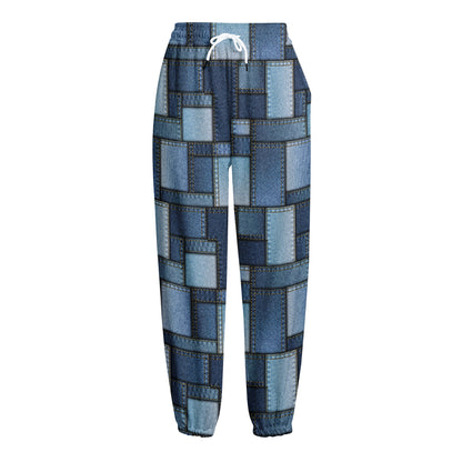 Blue Denim Patchwork Pattern Print Fleece Lined Knit Pants