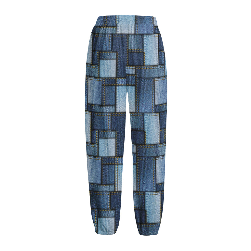 Blue Denim Patchwork Pattern Print Fleece Lined Knit Pants