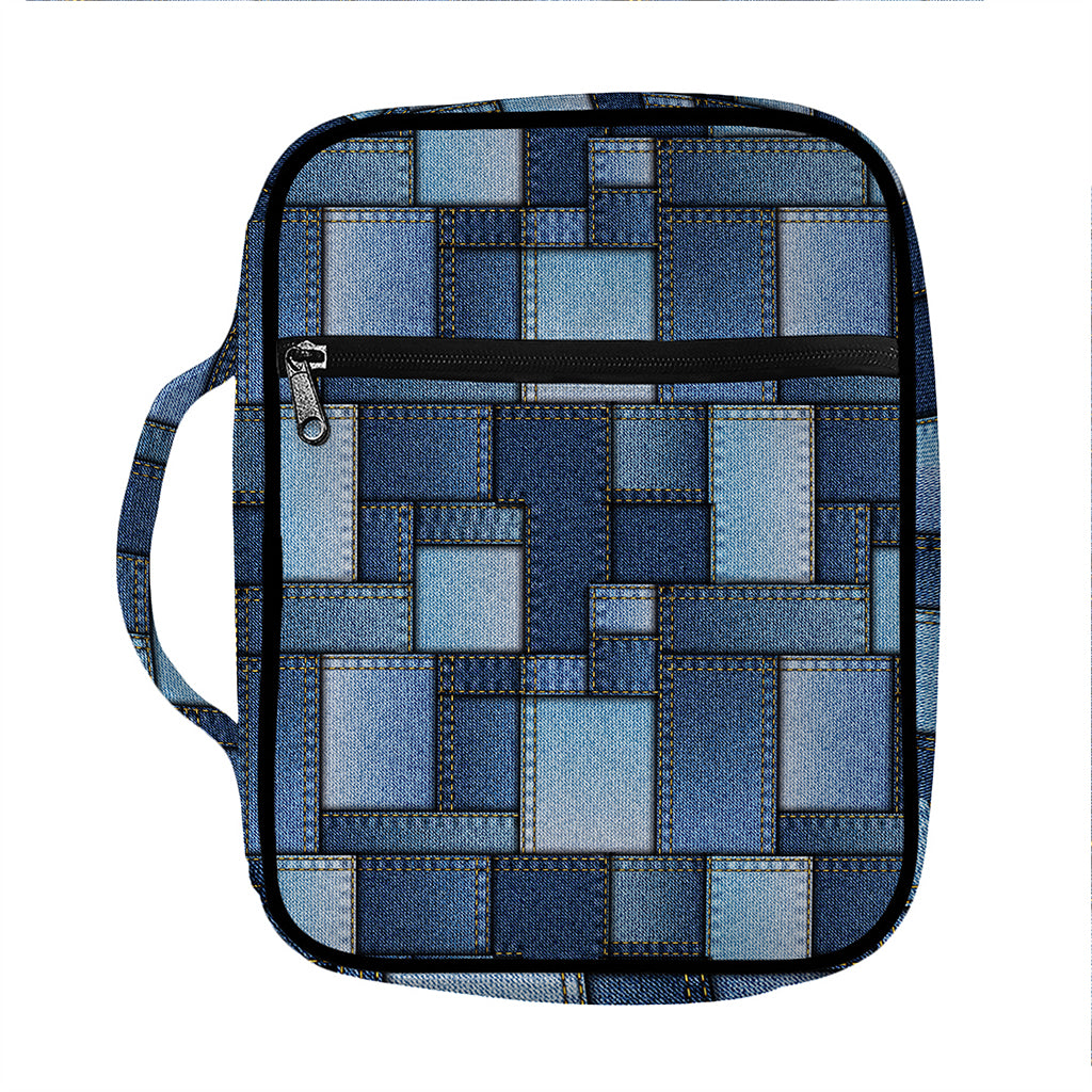 Blue Denim Patchwork Pattern Print Front Pocket Bible Bag