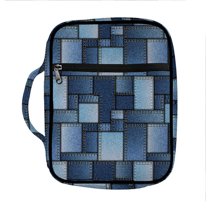 Blue Denim Patchwork Pattern Print Front Pocket Bible Bag