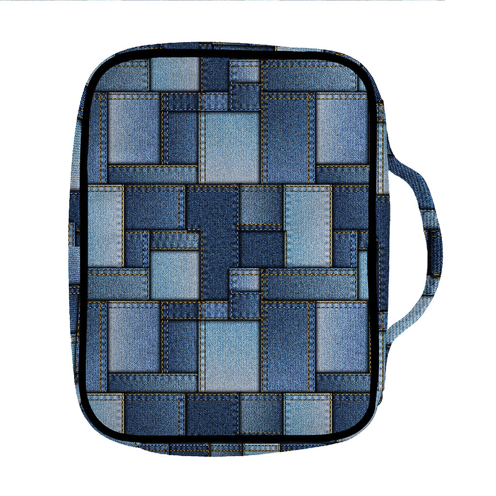 Blue Denim Patchwork Pattern Print Front Pocket Bible Bag