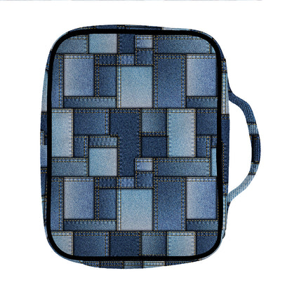 Blue Denim Patchwork Pattern Print Front Pocket Bible Bag