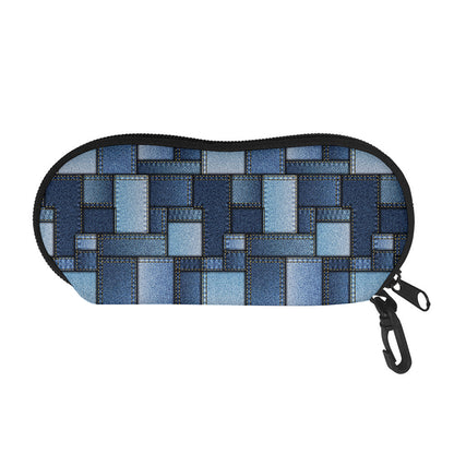 Blue Denim Patchwork Pattern Print Glasses Case