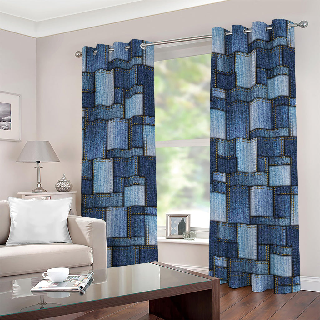 Blue Denim Patchwork Pattern Print Grommet Curtains