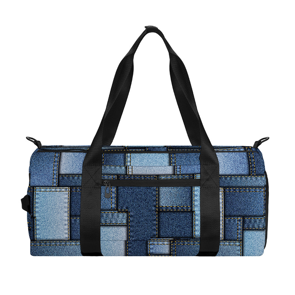 Blue Denim Patchwork Pattern Print Gym Bag