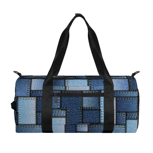 Blue Denim Patchwork Pattern Print Gym Bag