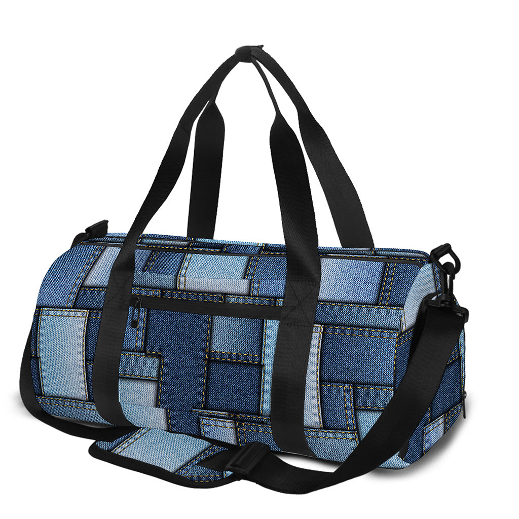 Blue Denim Patchwork Pattern Print Gym Bag