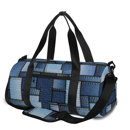 Blue Denim Patchwork Pattern Print Gym Bag