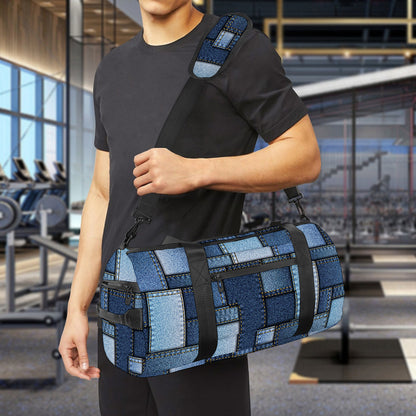 Blue Denim Patchwork Pattern Print Gym Bag
