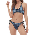Blue Denim Patchwork Pattern Print Halter Scoop Tie Side Bikini