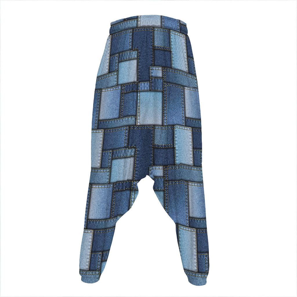 Blue Denim Patchwork Pattern Print Hammer Pants
