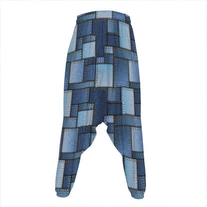 Blue Denim Patchwork Pattern Print Hammer Pants