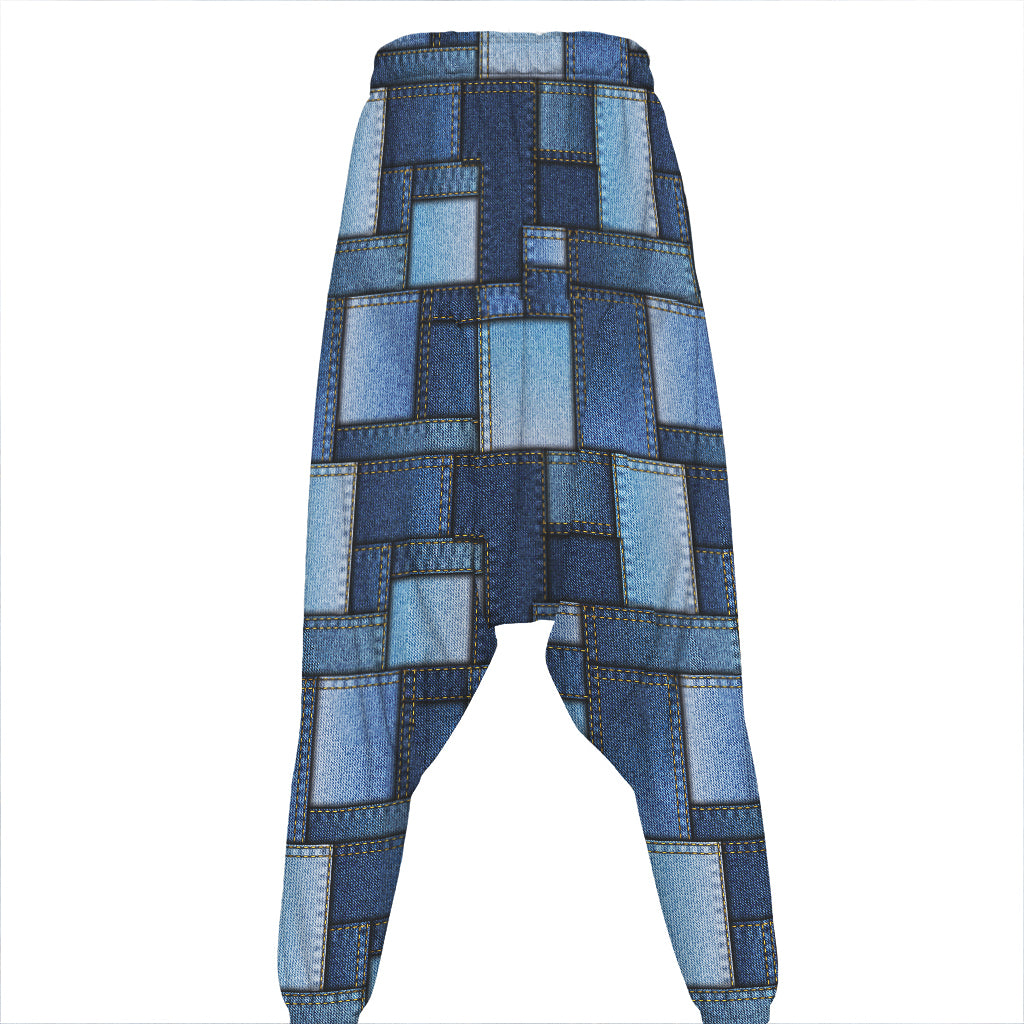 Blue Denim Patchwork Pattern Print Hammer Pants