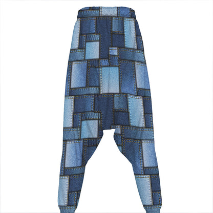 Blue Denim Patchwork Pattern Print Hammer Pants