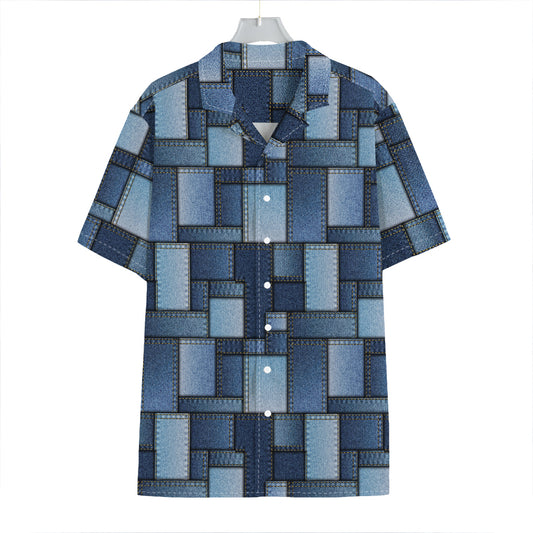 Blue Denim Patchwork Pattern Print Hawaiian Shirt