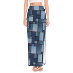 Blue Denim Patchwork Pattern Print High Slit Maxi Skirt