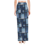 Blue Denim Patchwork Pattern Print High Slit Maxi Skirt