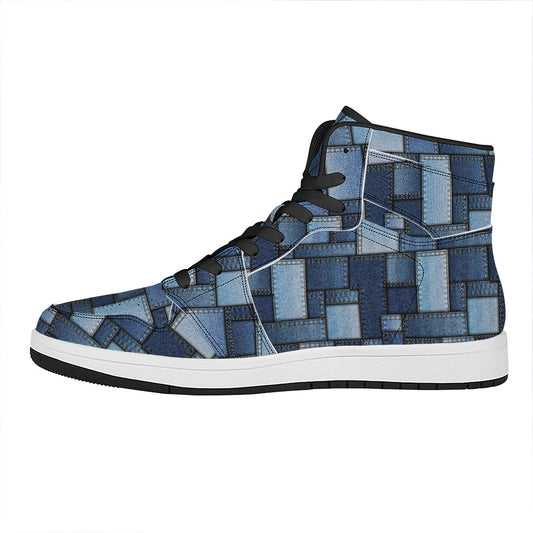 Blue Denim Patchwork Pattern Print High Top Leather Sneakers