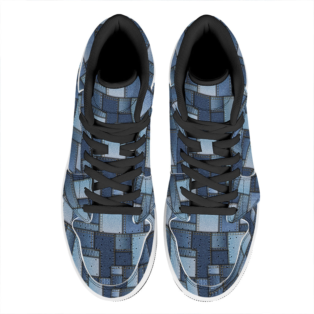 Blue Denim Patchwork Pattern Print High Top Leather Sneakers
