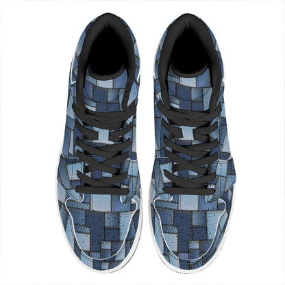 Blue Denim Patchwork Pattern Print High Top Leather Sneakers