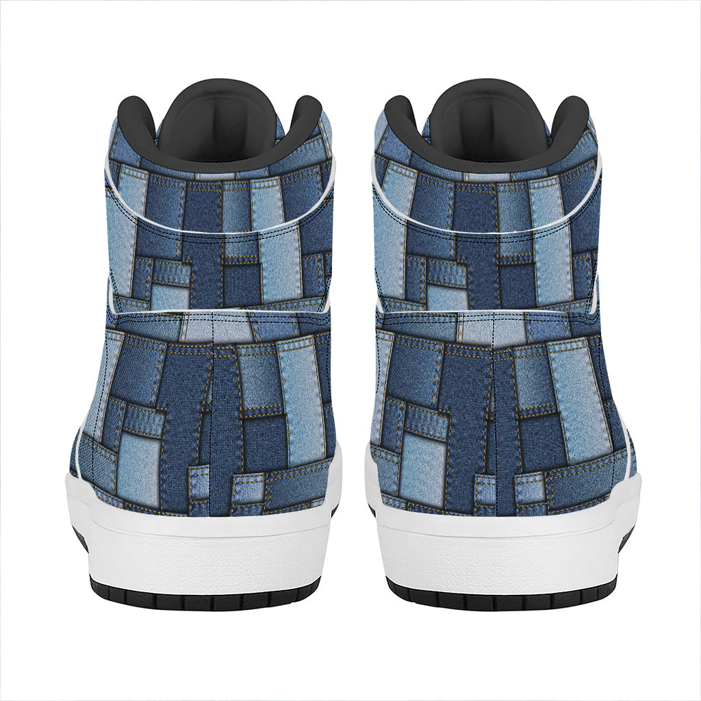 Blue Denim Patchwork Pattern Print High Top Leather Sneakers