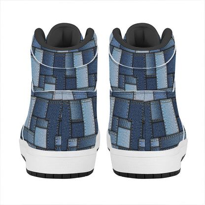 Blue Denim Patchwork Pattern Print High Top Leather Sneakers