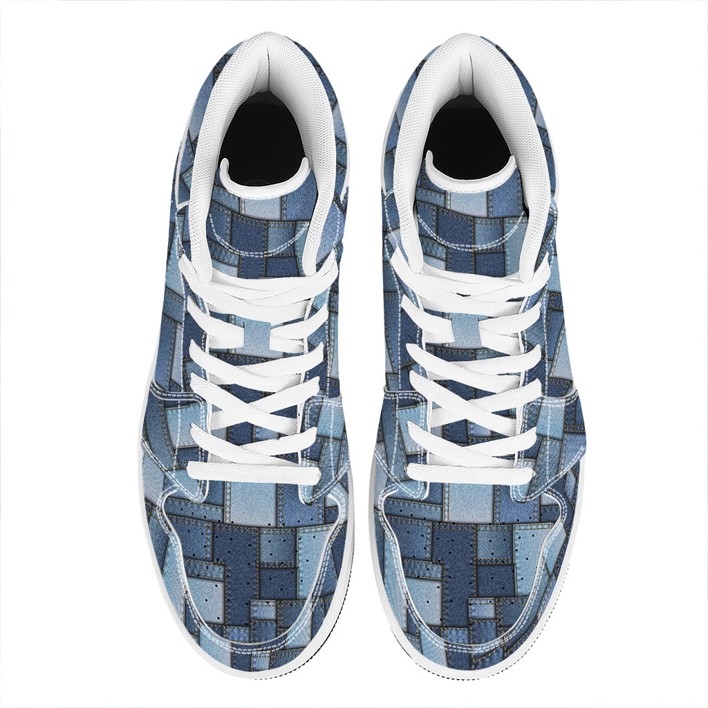 Blue Denim Patchwork Pattern Print High Top Leather Sneakers