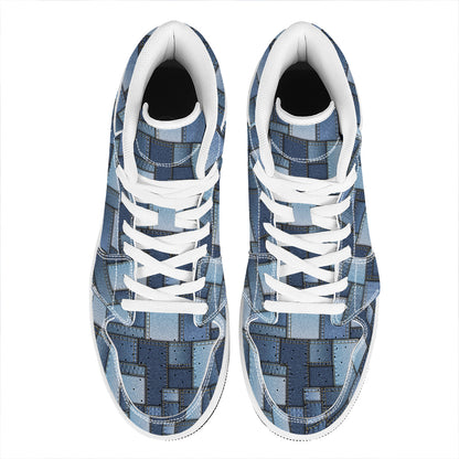 Blue Denim Patchwork Pattern Print High Top Leather Sneakers