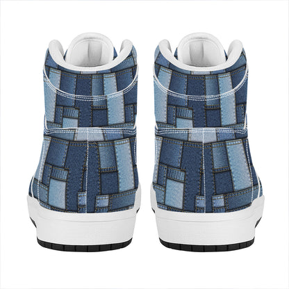 Blue Denim Patchwork Pattern Print High Top Leather Sneakers