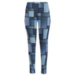 Blue Denim Patchwork Pattern Print High-Waisted Pocket Leggings