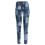 Blue Denim Patchwork Pattern Print High-Waisted Pocket Leggings
