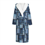 Blue Denim Patchwork Pattern Print Hooded Bathrobe