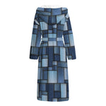 Blue Denim Patchwork Pattern Print Hooded Bathrobe