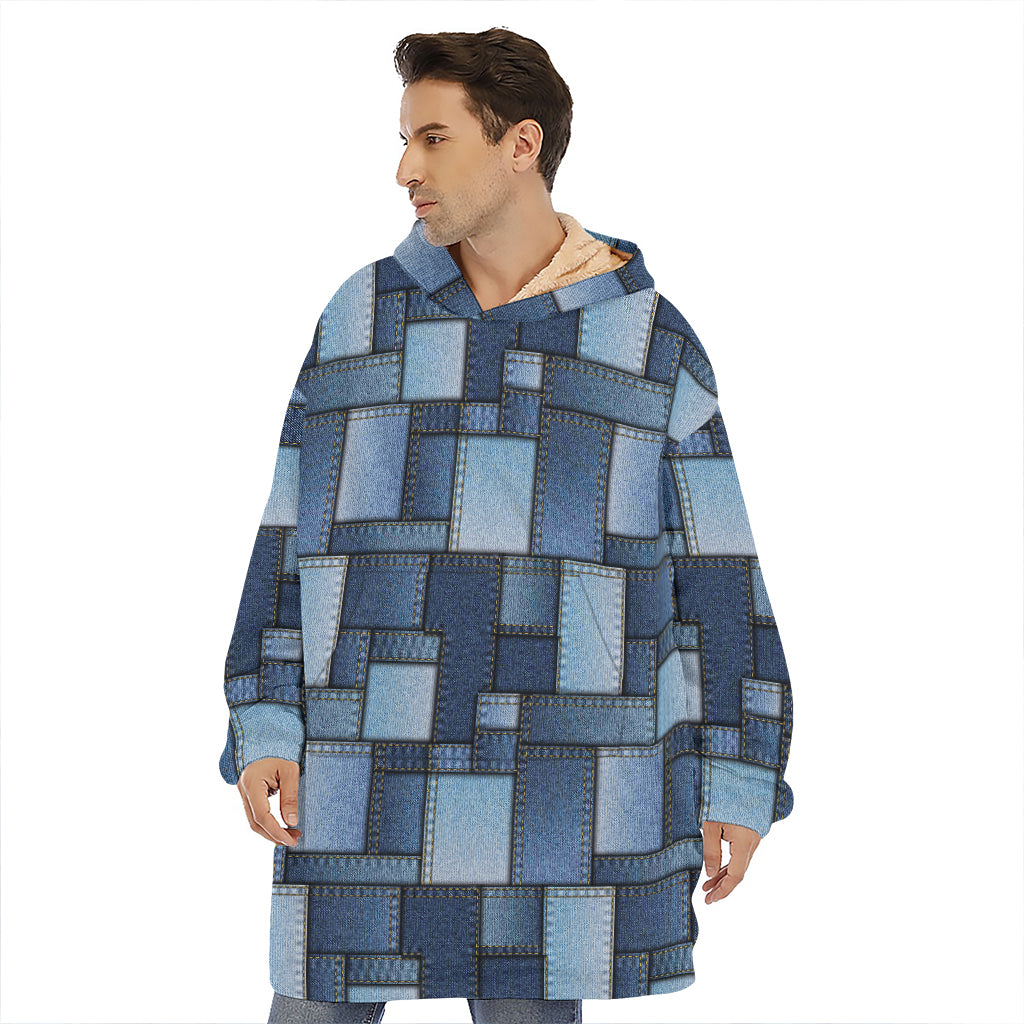 Blue Denim Patchwork Pattern Print Hoodie Blanket