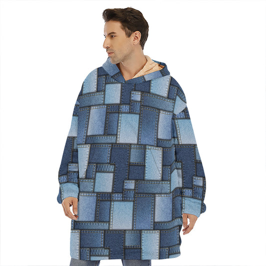 Blue Denim Patchwork Pattern Print Hoodie Blanket