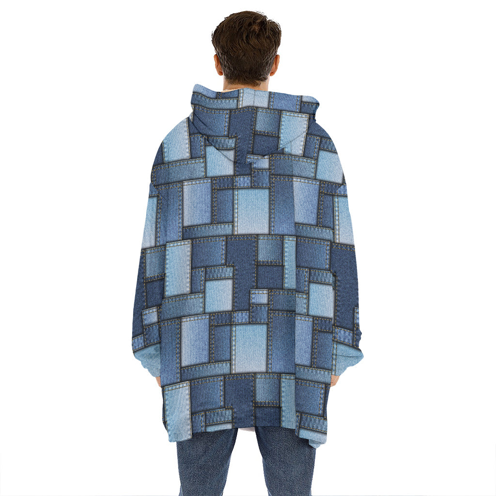 Blue Denim Patchwork Pattern Print Hoodie Blanket