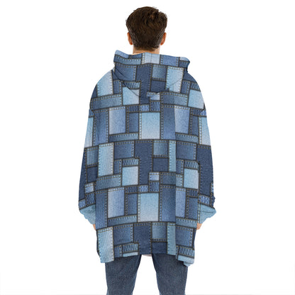 Blue Denim Patchwork Pattern Print Hoodie Blanket
