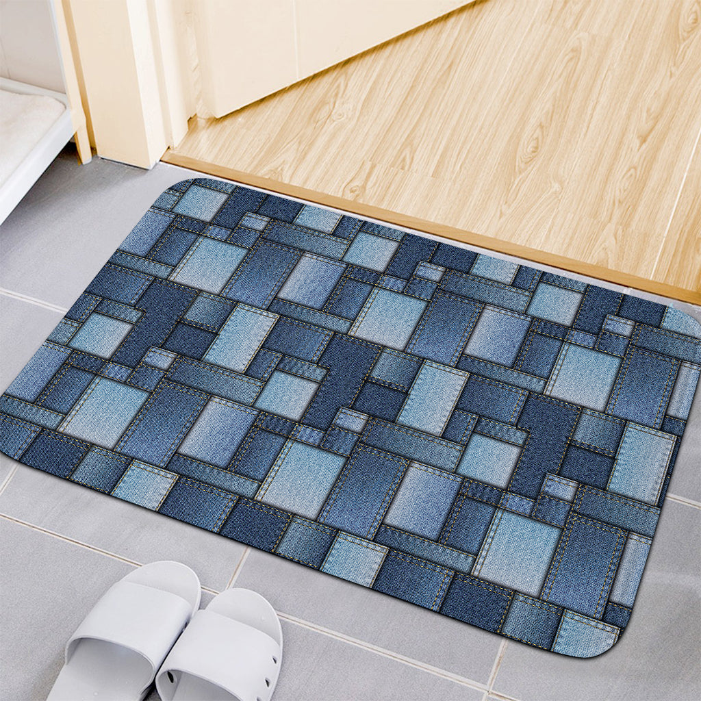 Blue Denim Patchwork Pattern Print Indoor Door Mat
