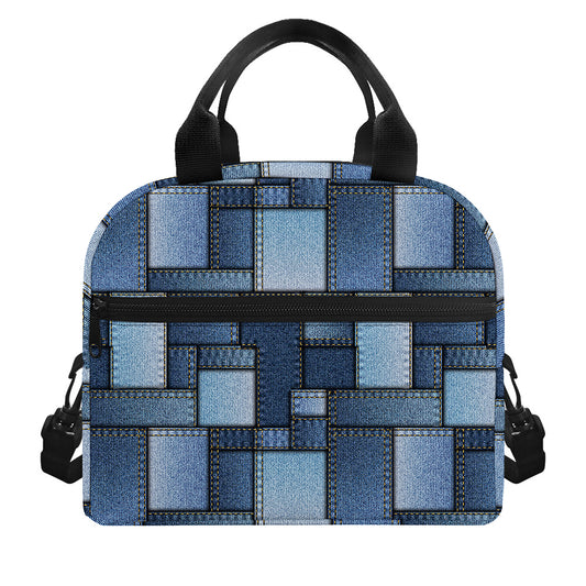 Blue Denim Patchwork Pattern Print Insulated Lunch Bag