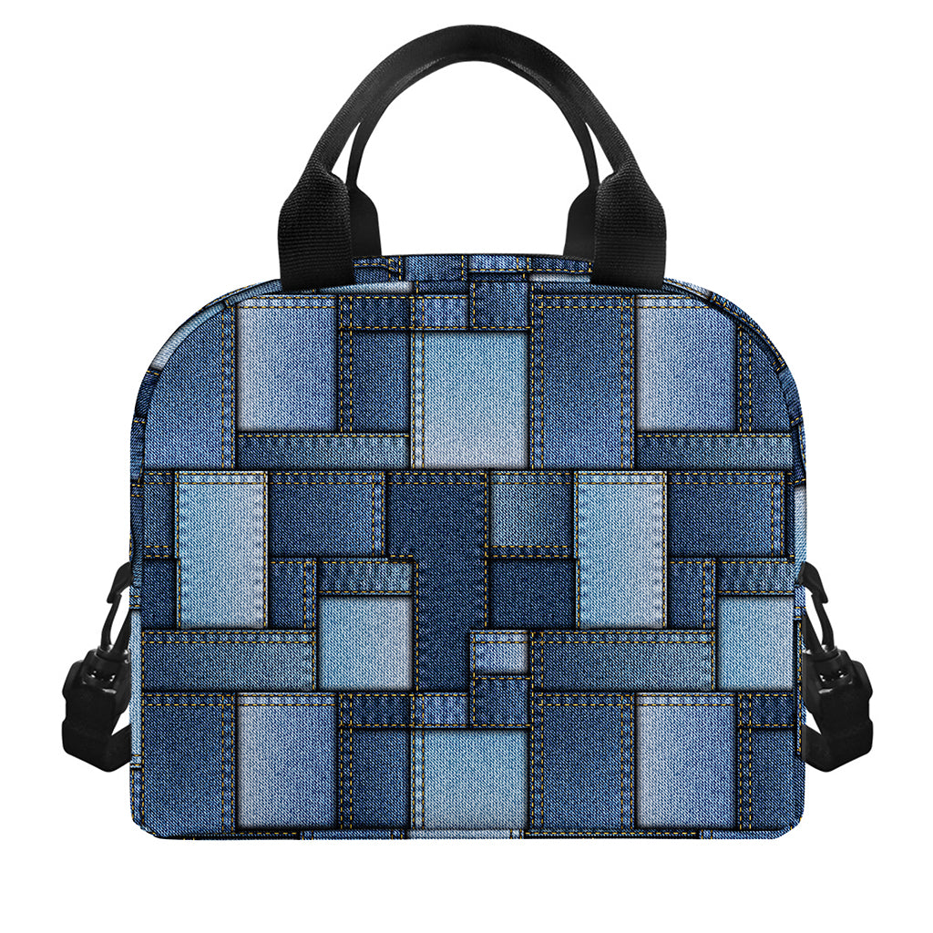 Blue Denim Patchwork Pattern Print Insulated Lunch Bag